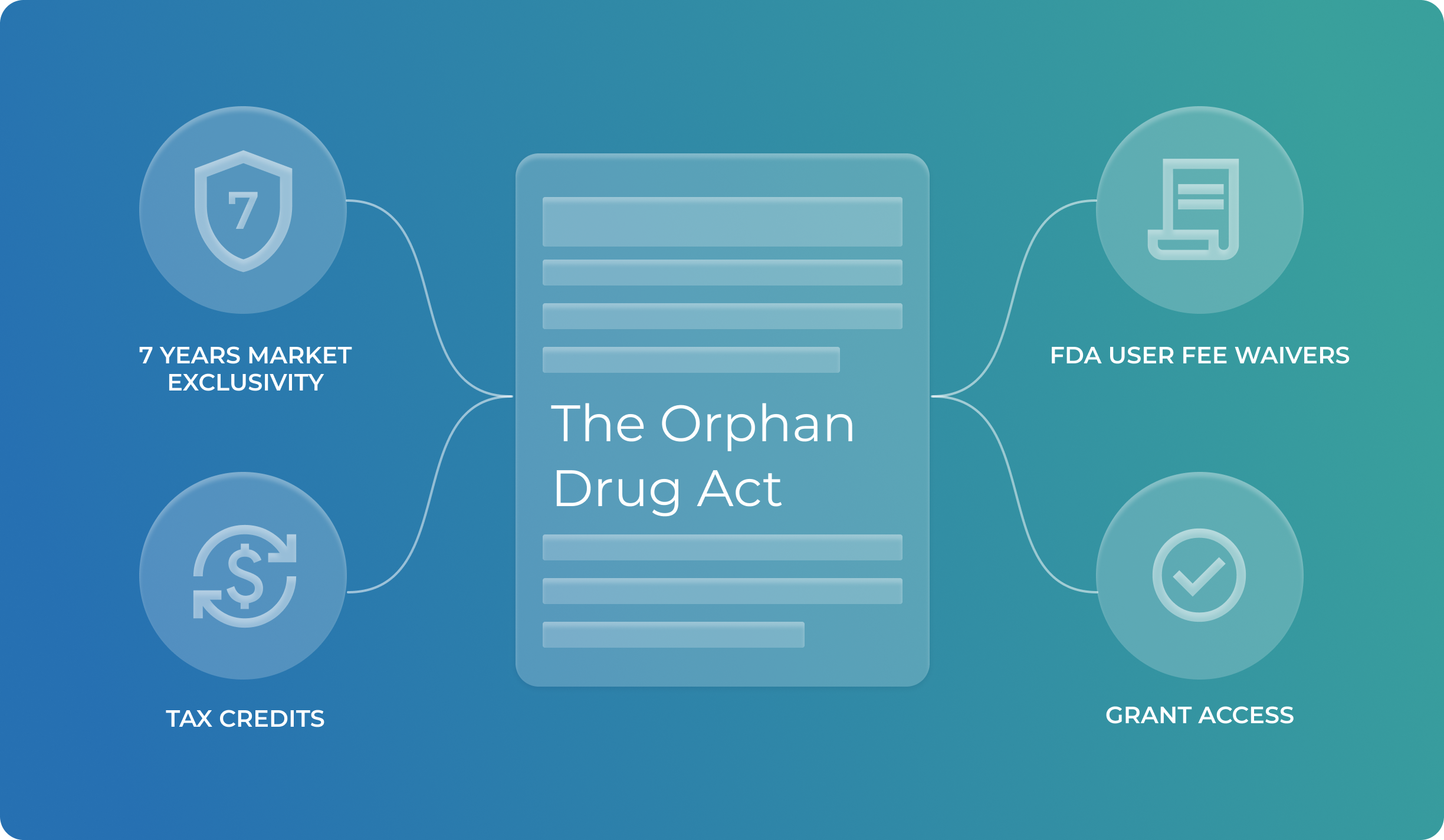 Orphan Drug Act components: market exclusivity, tax credits, FDA user fee waivers, grant access
